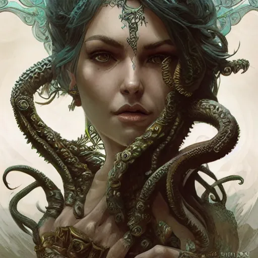 Image similar to a ancient cthulhu goddess, D&D, fantasy, intricate, highly detailed,, artstation, concept art, smooth, sharp focus, art by artgerm and greg rutkowski and alphonse mucha