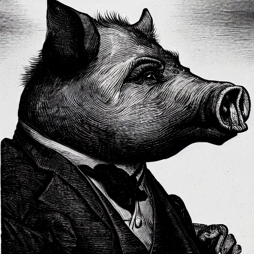 Image similar to closeup portrait of an evil pig in a tuxedo, dramatic lighting, farm background, moon, chiaroscuro, high detail, illustration by gustave dore