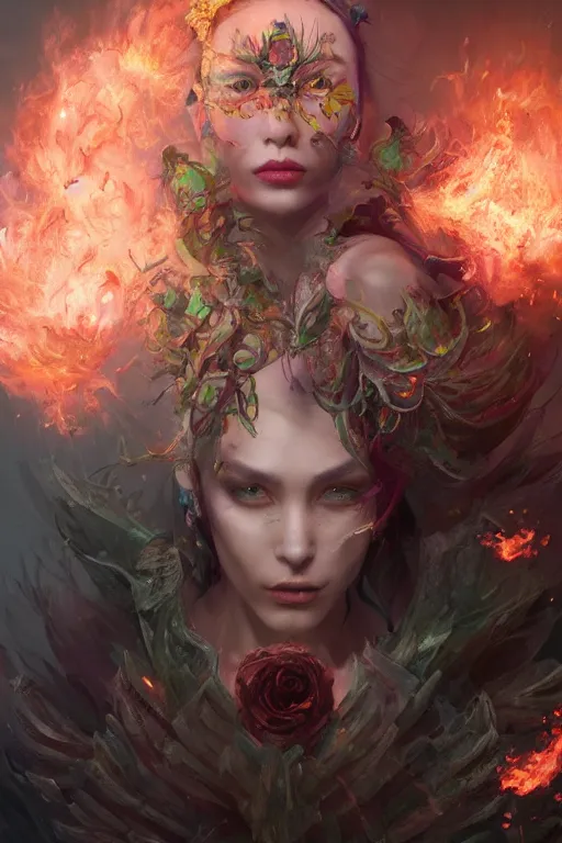 Image similar to extremely beautiful girl necromancer, witch - doctor exploding into flowers, demons, 3 d render, hyper - realistic detailed portrait, holding fire and electricity, ruan jia, wlop. scifi, fantasy, magic the gathering, hyper detailed, octane render, concept art, peter mohrbacher