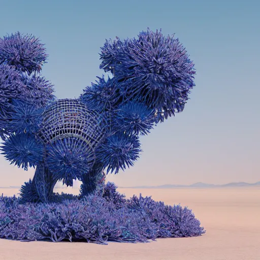 Image similar to highly detailed 3d render of burning man festival sculpture with cornflowers by Beeple