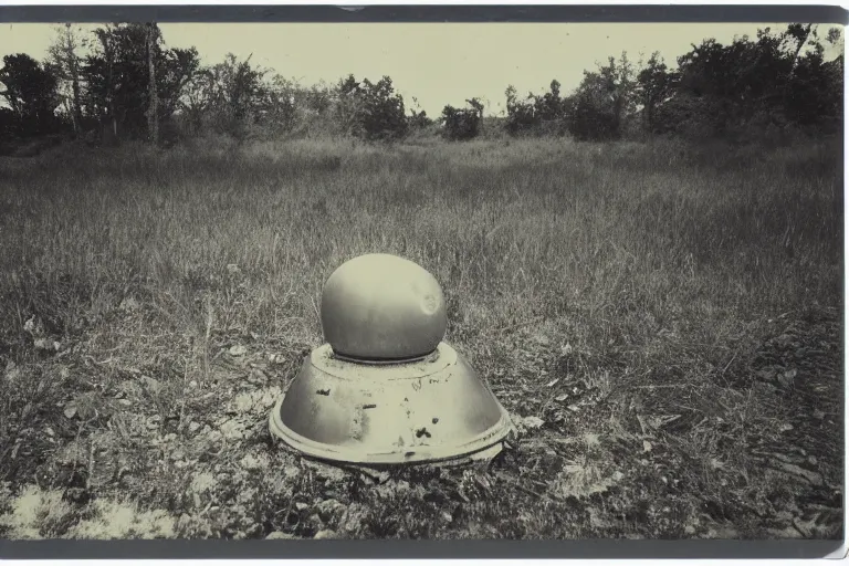 Image similar to old polaroid of a rusted ufo landed on a swamp, black and white, wide angle