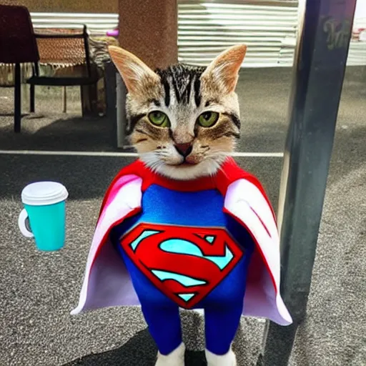 Prompt: Cat dressed in stylish outfit with sunglasses dressed as superman drinking coffee