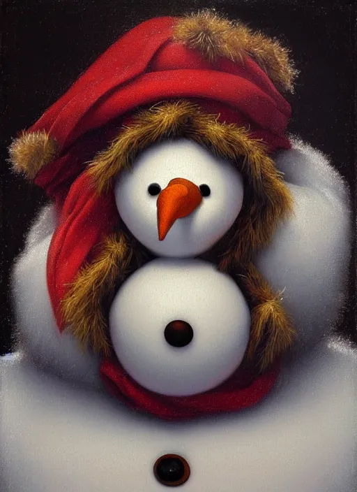 Image similar to a masterwork chiaroscuro oil painting portrait of adorable symmetric snowman olaf from disneys frozen in the style of a renaissance painting, insane detail, jan matejko, jan van eyck, trending on artstation, artgerm