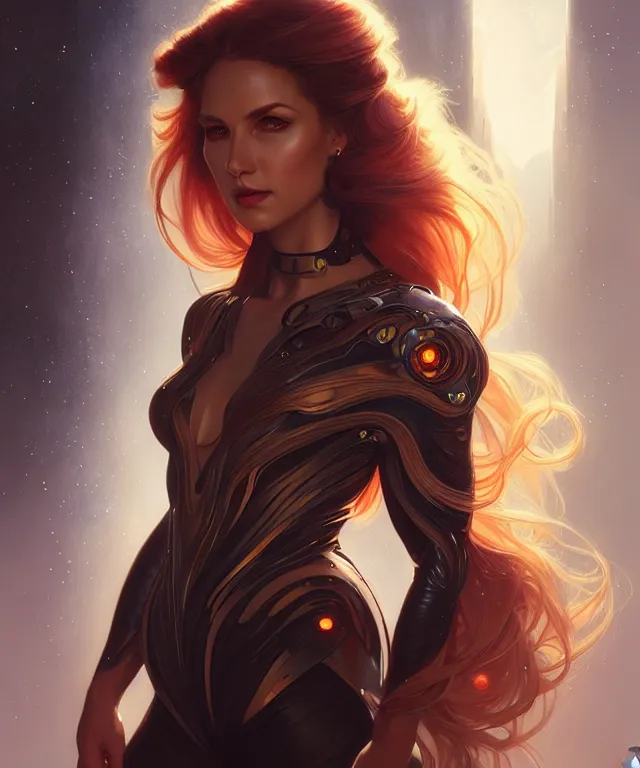 Image similar to futuristic woman portrait, sci-fi, amber eyes, face, long hair, fantasy, intricate, elegant, highly detailed, digital painting, artstation, concept art, smooth, sharp focus, illustration, art by artgerm and greg rutkowski and alphonse mucha