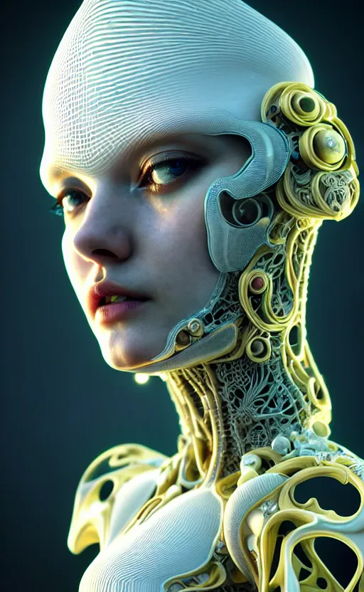 Image similar to intricate hyper detailed ultra sharp 3 d render of a beautiful smooth porcelain seductive cyborg woman portrait, medium shot portrait, bright light, alexandre ferra mecha, yellow deeply cyberpunk art nouveau haute couture huge fractal white mycelum and fungi head ornaments, big embroidered leaves filigree spreaded roots, octane render, volumetric cinematic lighting, 8 k, vray tracing
