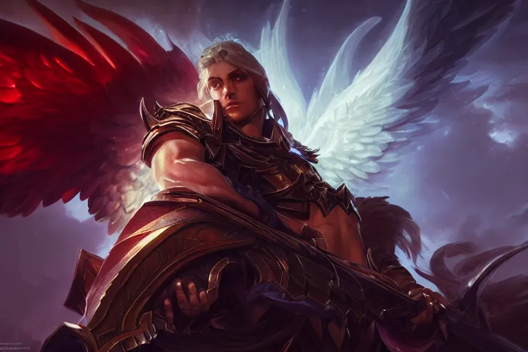 Image similar to amazing portrait of archangel micheal, league of legends splash art, deiv calviz, splash art, natural light, elegant, intricate, fantasy, atmospheric lighting, by greg rutkowski, league of legends splash art, hd wallpaper, ultra high details