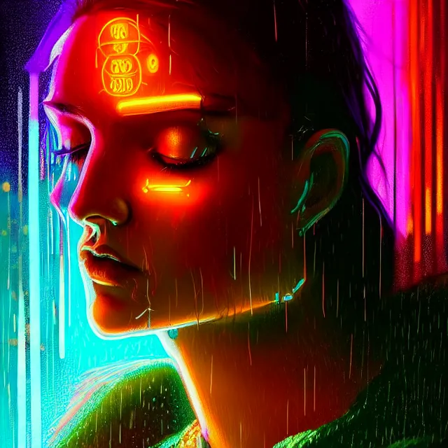 Image similar to bright aesthetic portrait LSD glowing backlit rain on face and wet hair, cyberpunk, overhead lighting, fantasy, intricate, elegant, dramatic lighting, highly detailed, lifelike, photorealistic, digital painting, artstation, illustration, concept art, smooth, sharp focus, art by John Collier and Albert Aublet and Krenz Cushart and Artem Demura and Alphonse Mucha