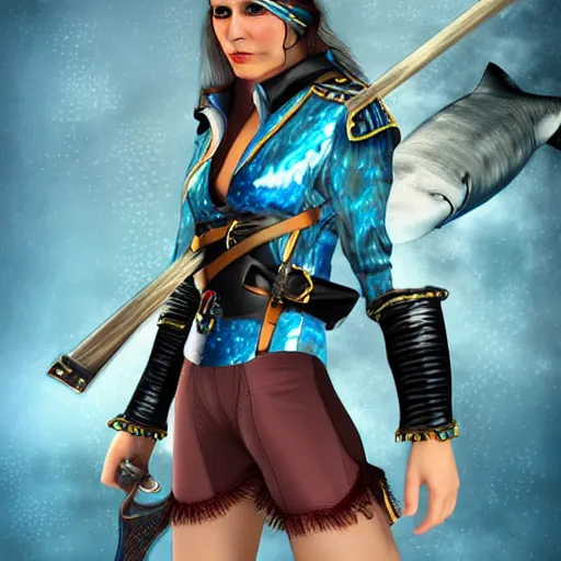 Image similar to Swashbuckling female pirate with iridescent shark skin, digital art, wearing shark skin clothing, digital art