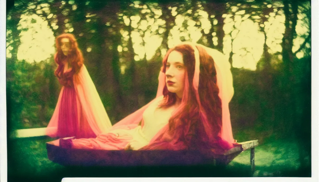 Image similar to colorful instant photograph of the lady of shalott, polaroid, light leak, raw, nostalgic