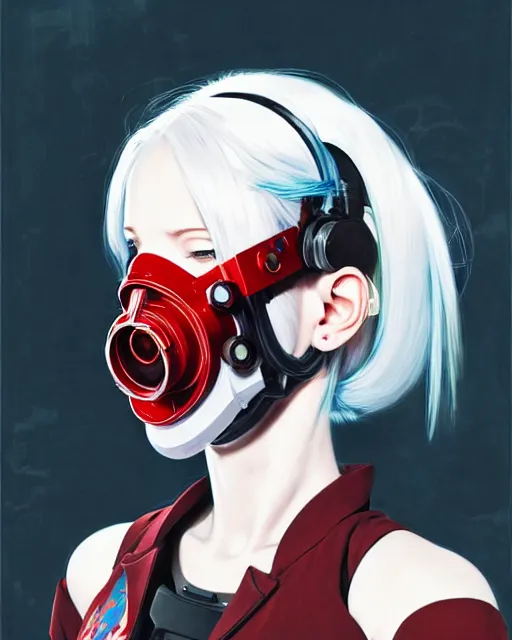 Image similar to white haired cyborg girl wearing a gas mask and red dress | | audrey plaza, warframe armor, fine detail!! anime!! realistic shaded lighting!! poster by ilya kuvshinov katsuhiro otomo ghost - in - the - shell, magali villeneuve, artgerm, jeremy lipkin and michael garmash and rob rey