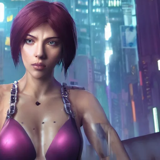 Image similar to a beautiful medium - shot still of scarlett johansson as the major motoko kusanagi from ghost in the shell, cyberpunk style, looking off into the distance, motoko kusanagi hair style, black hairs, ultra realistic, soft, blue hour, soft neons light from night city falling on her face. focus on her eyes and brows. by annie leibowitz