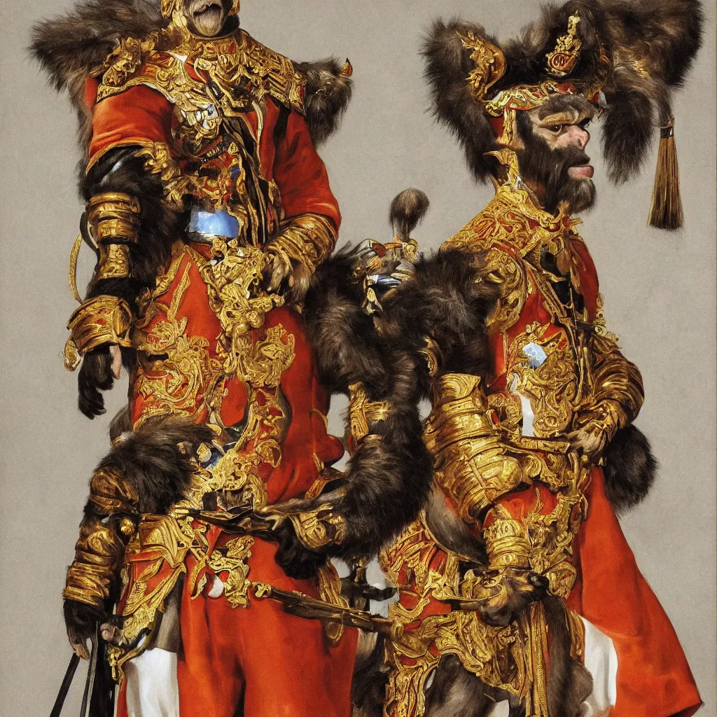 Prompt: portrait of a monkey king of spain felipe vi, artwork by velazquez, trending on artstation, monkey dressed as general military, wearing a donkey ears