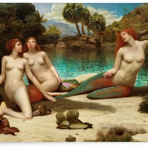 Image similar to a group of mermaids lounging in a desert oasis, by edward poynter and wlop