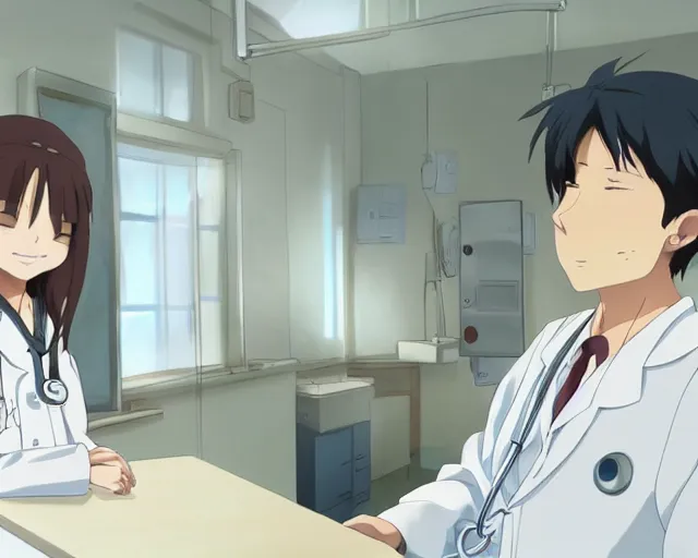 Image similar to a cute young female doctor wearing white coat are talking with an old surgeon in a hospital, slice of life anime, lighting, anime scenery by Makoto shinkai