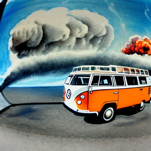 Image similar to a fisheye perspective caricature watercolor painting of a vw volkswagen bus, camper, bulli, type - 2, microbus, kombi, flying towards the camera, jumping at the viewer, dynamic action shot, fish eye lense, frontal, a dramatically erupting vulcano is seen in the background