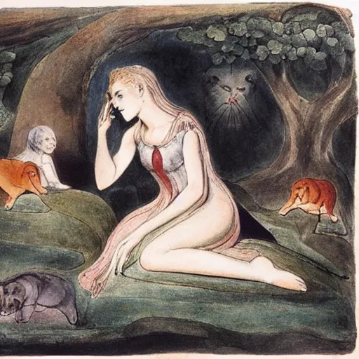 Image similar to by william blake harrowing. a beautiful installation art of princess aurora singing in the woods while surrounded by animals. she looks so peaceful & content in the company of the animals, & the colors are simply gorgeous.