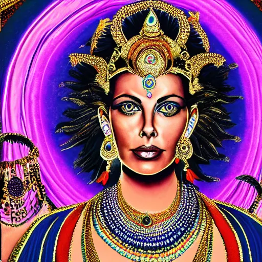 Prompt: a portrait of charlize theron as a hindu goddess, with lots of jewelry and necklaces, photorealistic, 35mm, abstract background.