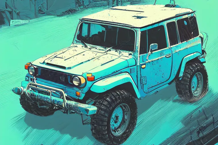 Image similar to digital illustration of a futuristic faded cyan mad max's fj 4 0 decrepit!!!! pursuit special, rusty!!! cyberpunk nissan fj cruiser heavily modded 1 9 9 0 s, the last v 8 interceptor by makoto shinkai, ilya kuvshinov, lois van baarle, rossdraws, basquiat