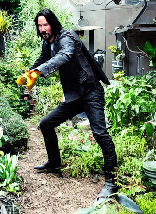 Image similar to keanu reeves as johnny silverhand working in a garden, wake up samurai, solarpunk, lots of plants, gardening, permaculture, cyberpunk 2 0 7 7, anarchy, realistic, ultra detailed