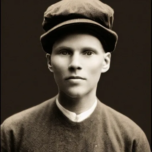 Image similar to A photograph portrait of Jerma985 wearing a newsboy cap in the early 1900s, taken in the early 1900s, grainy, taken on a early 1900s Kodak Camera, realistic, hyperrealistic, very realistic, highly detailed, very detailed, extremely detailed, detailed, digital art, trending on artstation