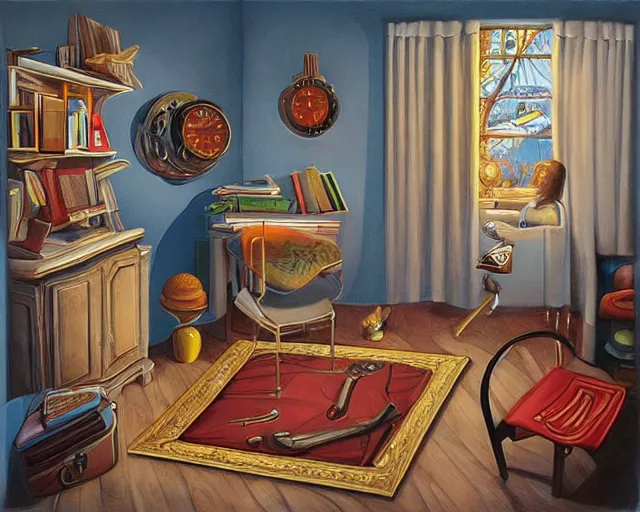 Image similar to room of wonders, an ultrafine detailed painting by rafal olbinski, behance contest winner, pop surrealism, detailed painting, very detailed, minimalist, skeuomorphic, airbrush art