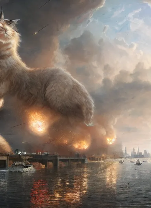 Image similar to hyper realistic giant fluffy caracal attacking moscow city harbor explosions, atmospheric beautiful details, strong composition painted by kim jung giu weta studio rutkowski, james gurney and greg rutkowski, and lucasfilm