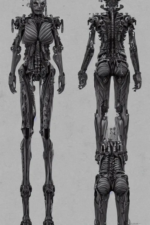 Image similar to cyborg vampire with gunmetal grey skin, medical anatomy, very symmetrical face, highly detailed, mecha, three - perspective / three - view reference sheet ( front / back / side ), in the style of dan ouellette, hr giger, sil from species, dren from splice, biomechanical, artstation, unreal engine