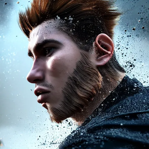 Prompt: a dramatic pose of a man wearing explorers clothes, closeup, in action, hair blowing, dramatic face angles, motion blur, storm background, photo realistic, hyper detailed, trending on artstation, unreal engine 5, octane render, 8 k, by martin schoeller