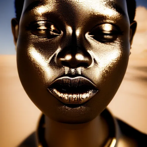 Image similar to portrait of metallic face, african woman, mercury, reflections, smooth texture, liquid metal, proud looking, outdoor, nature, blue sky, 8 k, realistic, depth of field, highly detailed, art photography