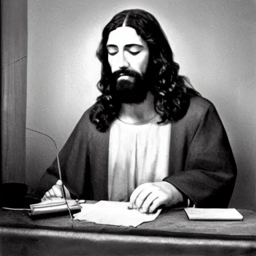 Image similar to Jesus failing a polygraph test, photography