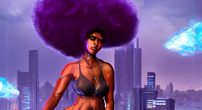 Prompt: cyberpunk black woman with afro hair, rio de janeiro!! on the background, blue and purple digital art trending on artstation, atmospheric lighting, artgerm