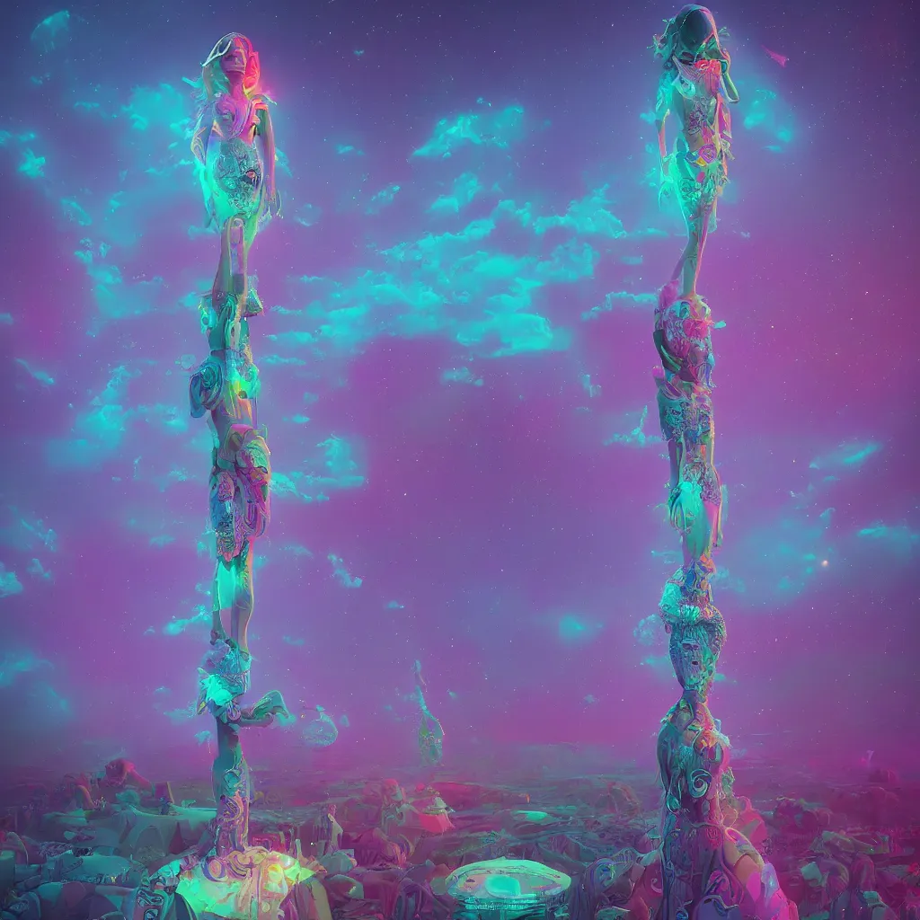 Image similar to a goddess of a world full of life divine thrill of the biological tranquil sky, atoms floating, horror, artwork by beeple and lisa frank, fantasy, intricate, highly detailed, artstation