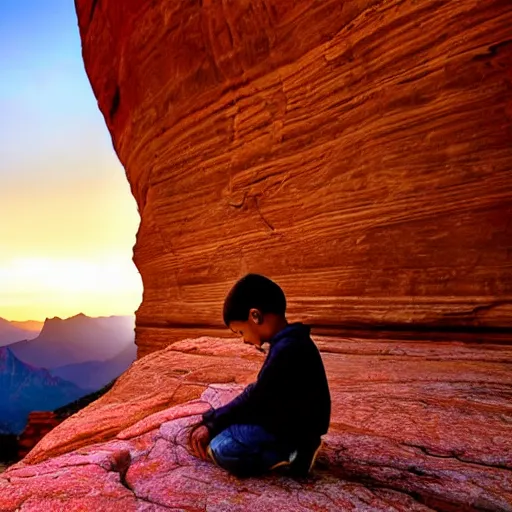 Image similar to award winning cinematic still of a young boy praying in zion national park, rock formations, colorful sunset, epic, cinematic lighting, dramatic angle, heartwarming drama directed by Steven Spielberg