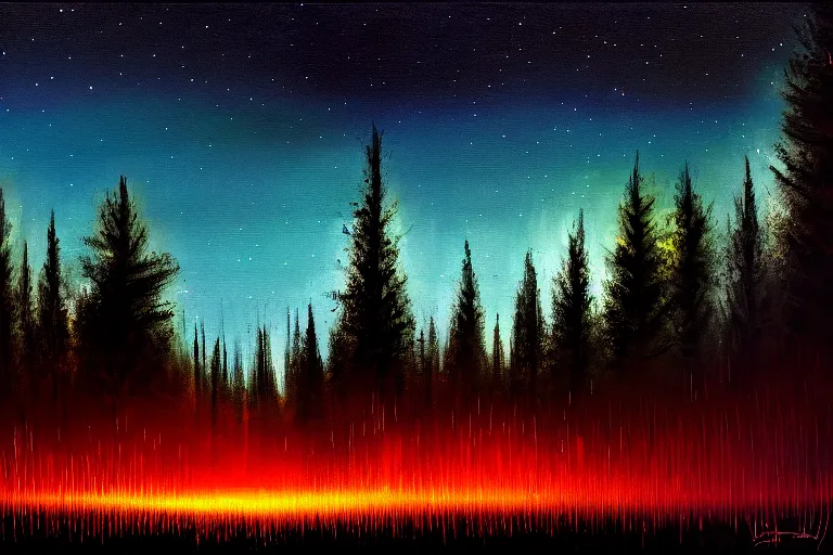 Image similar to artillery lights up the night sky, forest clearing background, at night, oil on canvas, bloom highlights, view from the ground, poster art, darkness, video game art, digital art, fine brushstrokes, hdr, 4 k