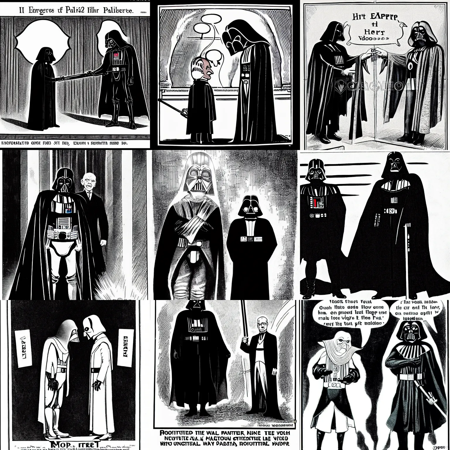 Prompt: 1 9 2 0 s political cartoon featuring emperor palpatine and darth vader