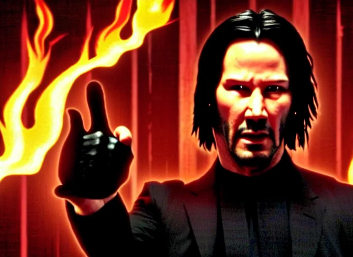 Prompt: Movie still of Keanu Reeves as Neo in The Matrix movie doing a thumb up to the camera in front on burning servers, servers in flames in the background, doing a thumb up, The Matrix servers on fire, Keanu Reeves thumb up, Neo thumb up, doing a thumb up, thumb up, uncropped, full body, crispy, symmetrical face, ultra detailed, cinematic, thumb up, double thumb up to the camera