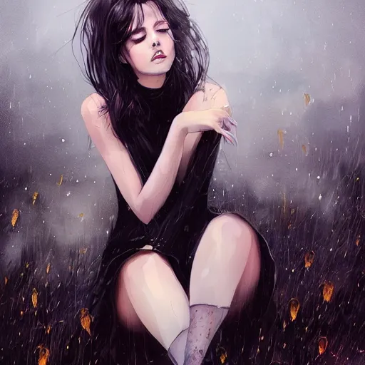 Image similar to a girl wearing a black lace dress and thigh highs sat on a hill during a rainstorm, digital art, beautiful face, expressive oil painting, by conrad roset, by yoshitaka amano, by artgerm, volumetrics, mood