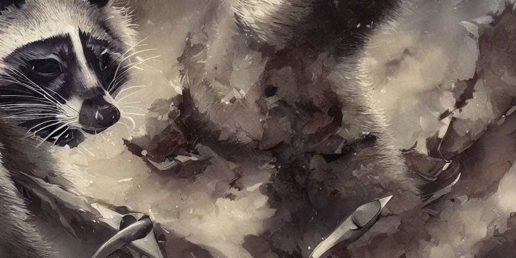 Prompt: highly detailed beautiful photography of raccoon, splash, sharp focus, dramatic, dynamic lighting, elegant, harmony, beauty, masterpiece, by riccardo federici, by james jean, by craig mullins, by durero, by lois van baarle, by makoto shinkai, by greg tocchini, by greg rutkowski, illustration, ink draw, pen, spatula