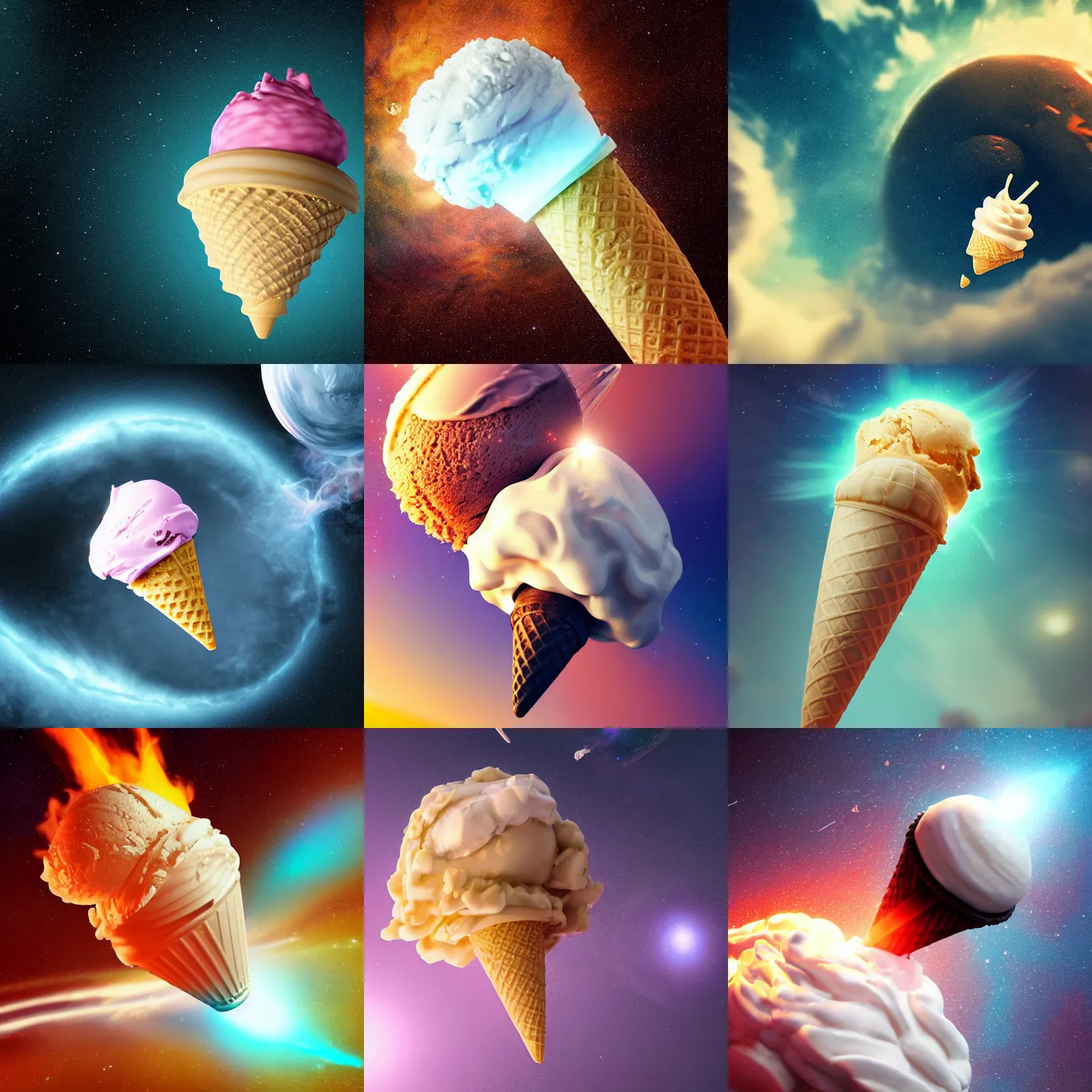 Prompt: dramatic render of an ice cream cone floating in space, radiating with a supernova of flavors, cgsociety, artstation, 4 k