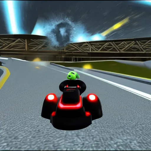 Prompt: still image of darth vader driving in mario kart tour deluxe race, unreal engine