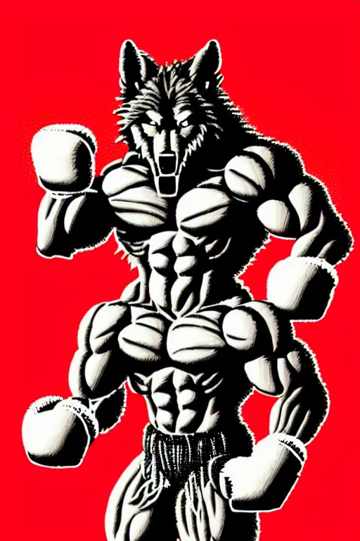 Image similar to extreme long shot. 8 bit nes graphics. antropomorphic muscular masculine wolf. kickboxer fighter, in shorts. wolf head. angry. fine details, very sharp, art from nes game cartridge, 8 0's, vhs artefacts, vaporwave style, marc simonetti and hermann nitsch and anish kapoor.