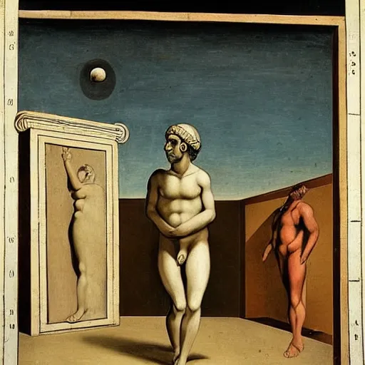Prompt: a parade of disconnected images : a greek god in formal clothes, obscure corners of nameless interiors, astronomical diagrams projecting the distances between celestial bodies, a painting by giorgio de chirico, a list of unpopular anagrams.
