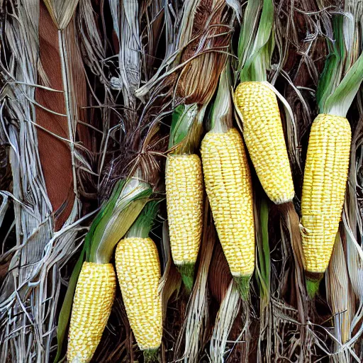 Prompt: cobs of corn, gorwing on a pine tree