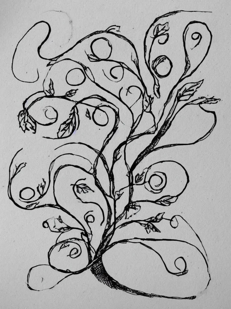 Prompt: single line ink pen drawing of an acorn that turns into a tree in the shape of a treble clef with a few scattered leaves, simple and clean thick lines