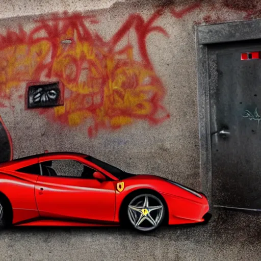 Prompt: hyper detailed and photorealistic, red ferrari, dust, humus, wet street, graffiti on wall, trash scattered, abandoned car garage, 4 k