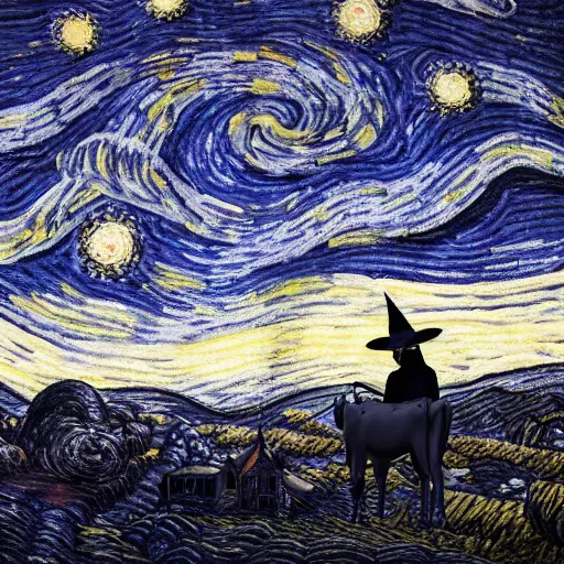 Image similar to a detailed matte painting of a cow wearing a witch hat, viewed in profile, glowing moths and fog in the background, starry night, black and blue color scheme with gold highlights, in the style of discworld and harry potter, 8 k, octane render