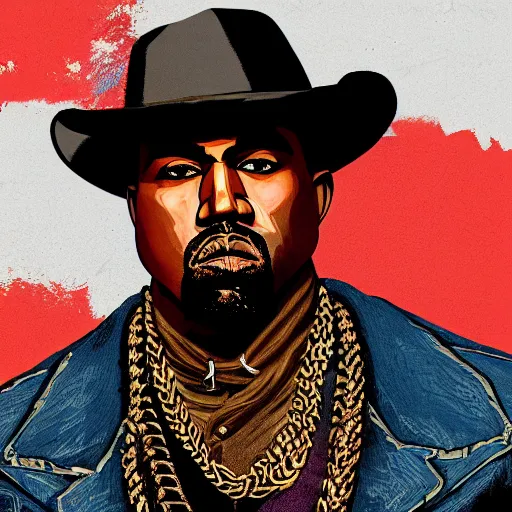 Image similar to kanye west in illustration red dead redemption 2 artwork of kanye west, in the style of red dead redemption 2 loading screen, by stephen bliss