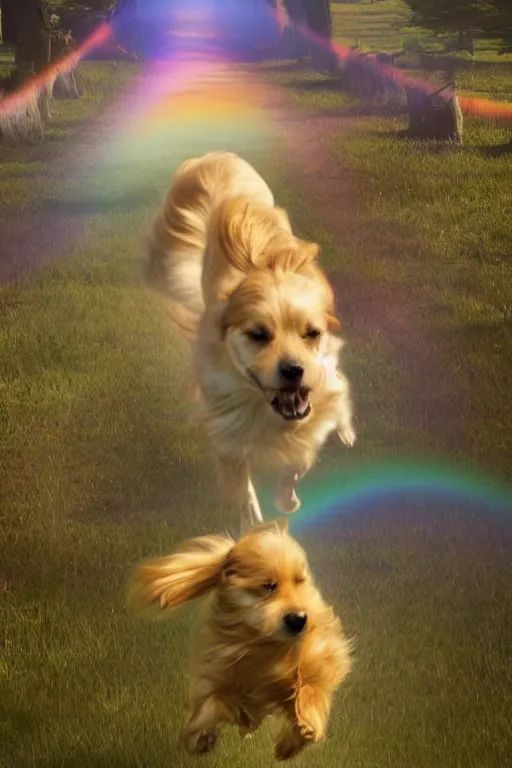 Image similar to a singular beautiful dog running happily towards its owner, ethereal heavenly rainbow bridge in the background behind the dog, tall golden heavenly gates, amazing, stunning artwork, featured on artstation, cgosciety, behance