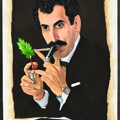 Image similar to A portrait of borat sagdiyev smoking a rolled marijuana joint, 8k, award winning