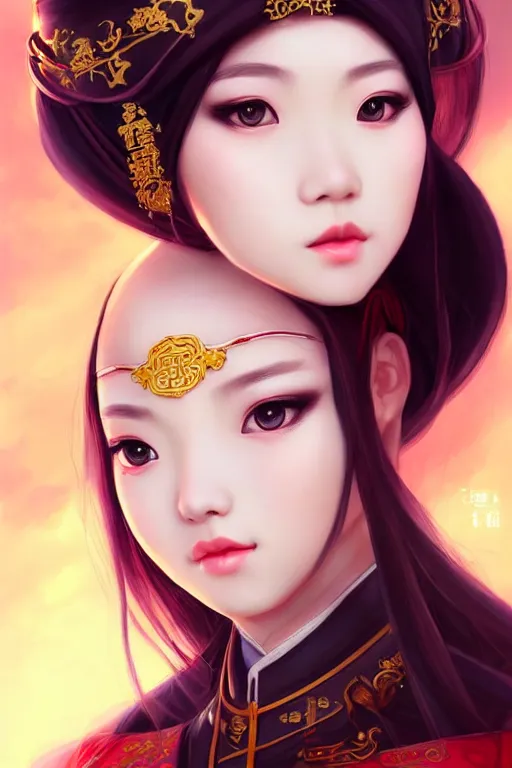 Image similar to a lovely and shiny young empress of qing dynasty, face by artgerm, ross tran, fuji choko, loish, 8 k resolution, attractive, symmetrical portrait, beautifully detailed landscape of ruin, trending on pixiv and pinterest, charming black eyes, luxury, perfect face, smooth, dreamlike